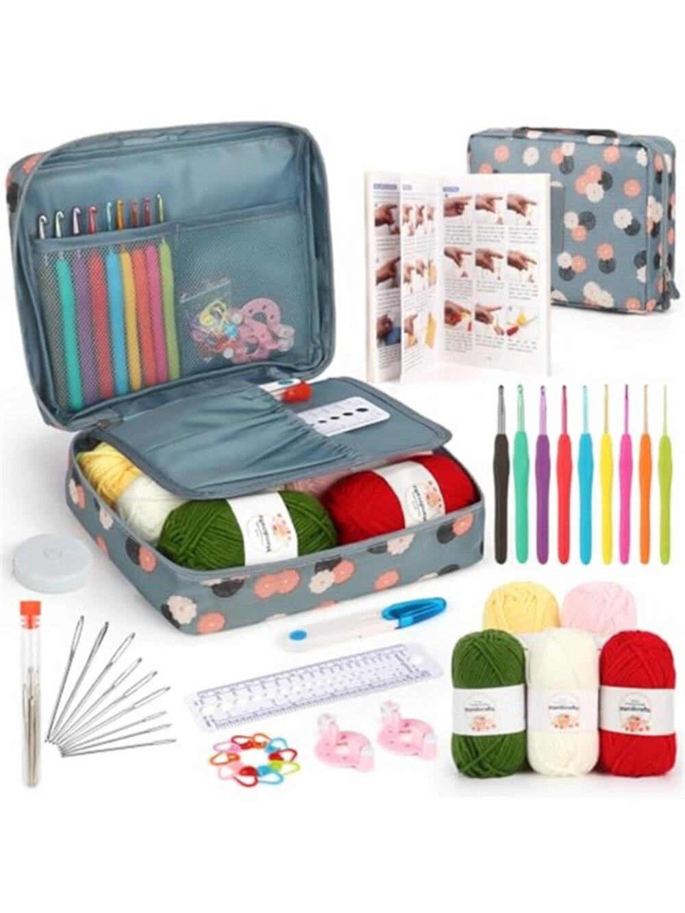 Floral Gray Crochet Storage Case with Hooks & Yarn Kit